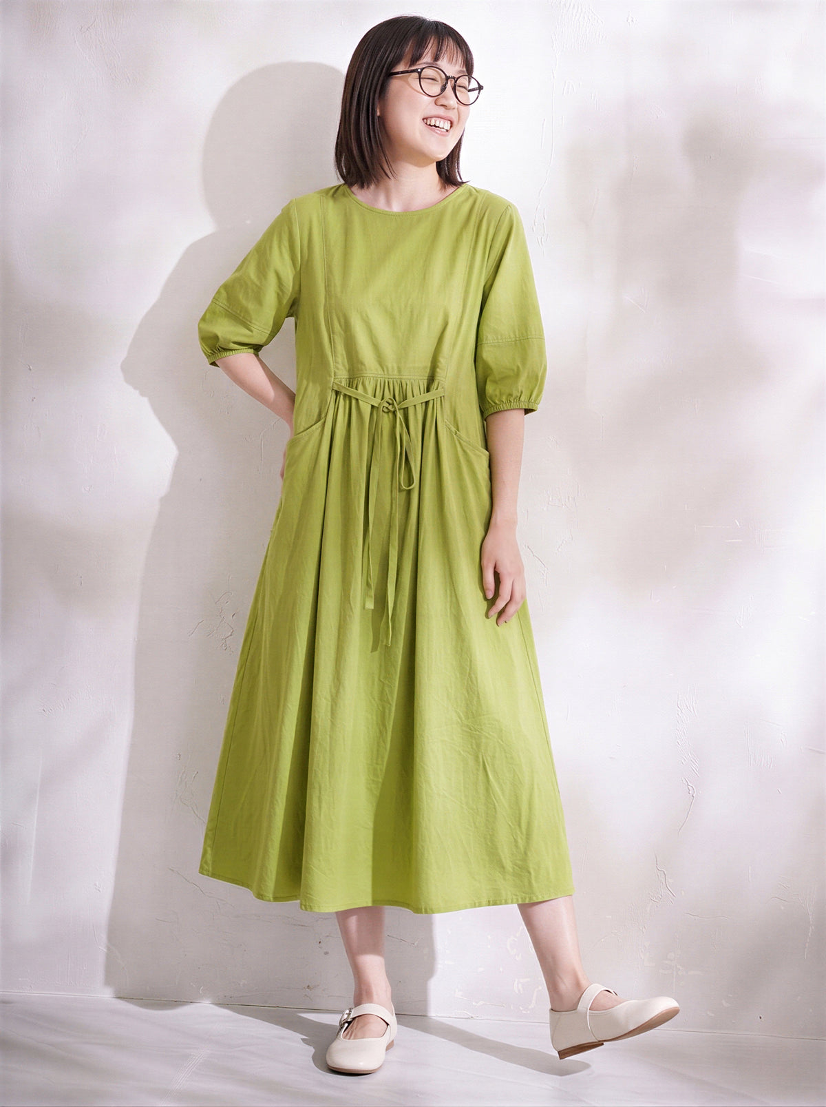 「2色」夏の綿全般にゆったり腰を収めたひも抜きスリーブA字ワンピース-ライム-2XL