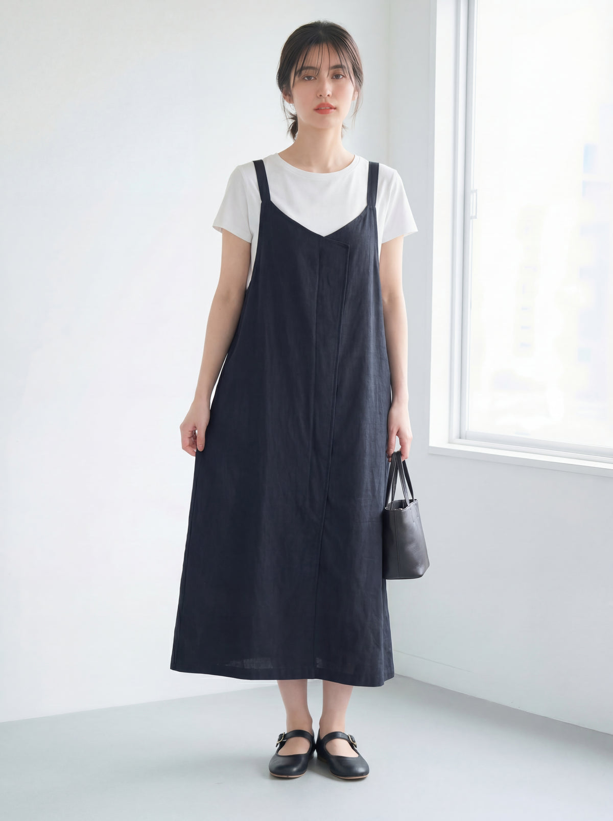 前後Vネック Aラインシルエット キャミワンピース-ブラック-XL