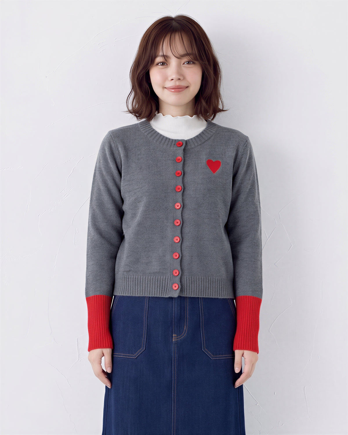配色リブ ハート刺繍 ニットカーディガン