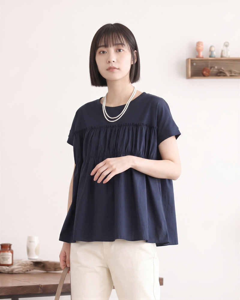 切り替えギャザー入り ゆったりTシャツ-ダークネイビー-FREE