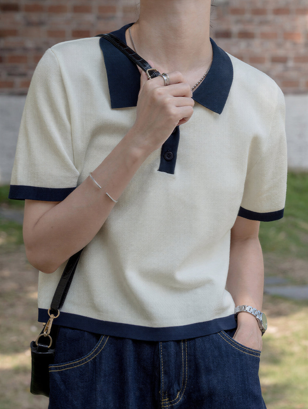 配色POLO襟ショート丈ニットトップス