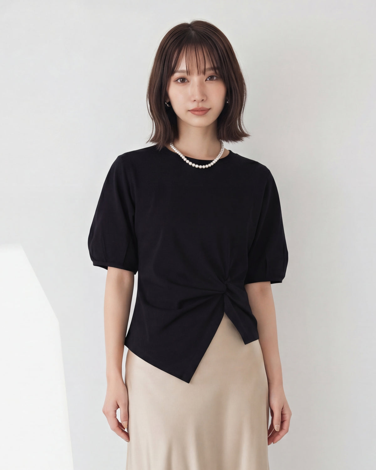 ツイストデザイン 不規則ヘム パフスリーブ 半袖Tシャツ