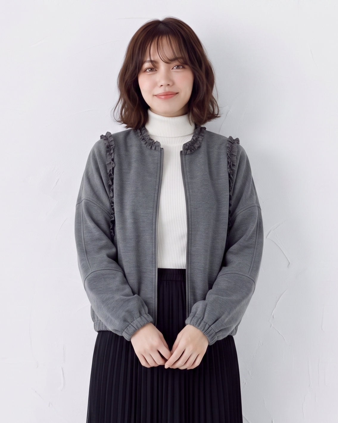 フリル付き ルーズ ショートジャケット-グレー-2XL