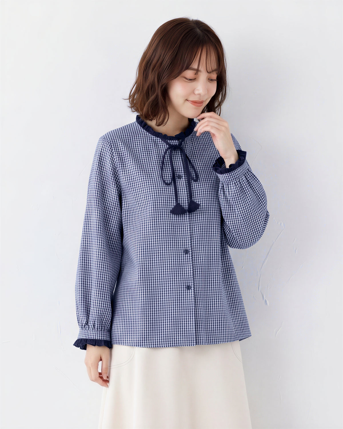 【秋新作】S~2XL フリルネックリボン付きチェックシャツ