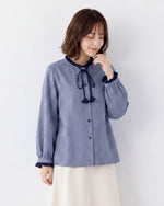 【秋新作】S~2XL フリルネックリボン付きチェックシャツ