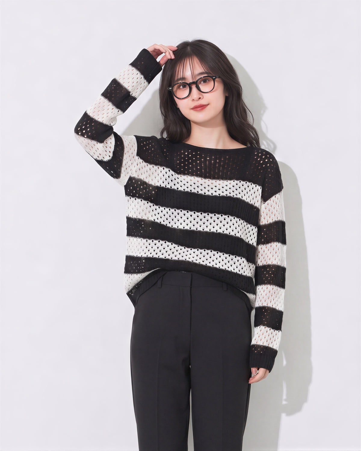 M~4XL 白黒ボーダー 透かし編み ルーズニット