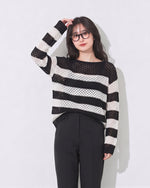 M~4XL 白黒ボーダー 透かし編み ルーズニット