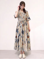 M~2XL ライトベージュ Vネック ウエストリボン 花柄ロングワンピース