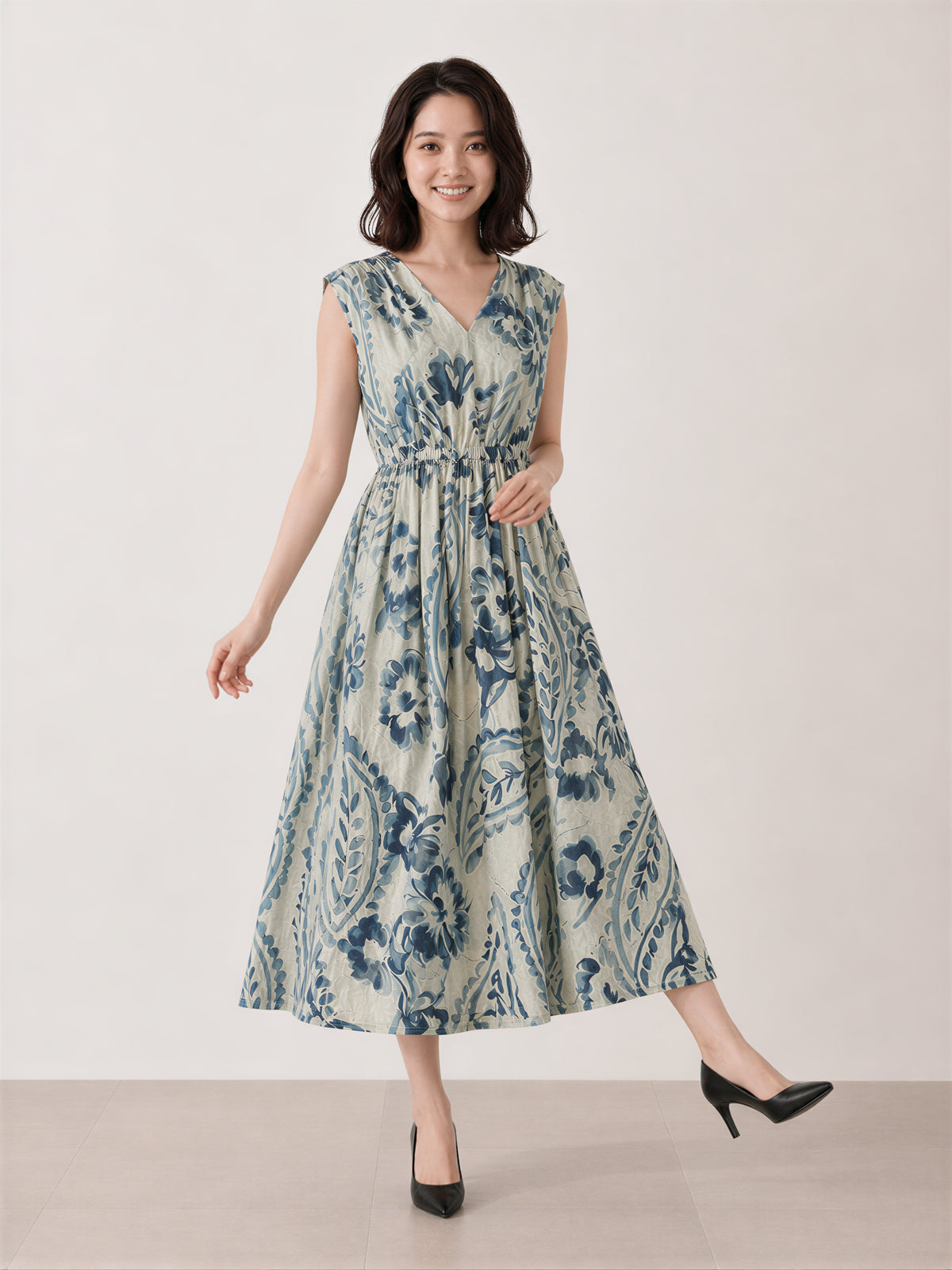 M~2XL ブループリント Vネック ウエストマークワンピース