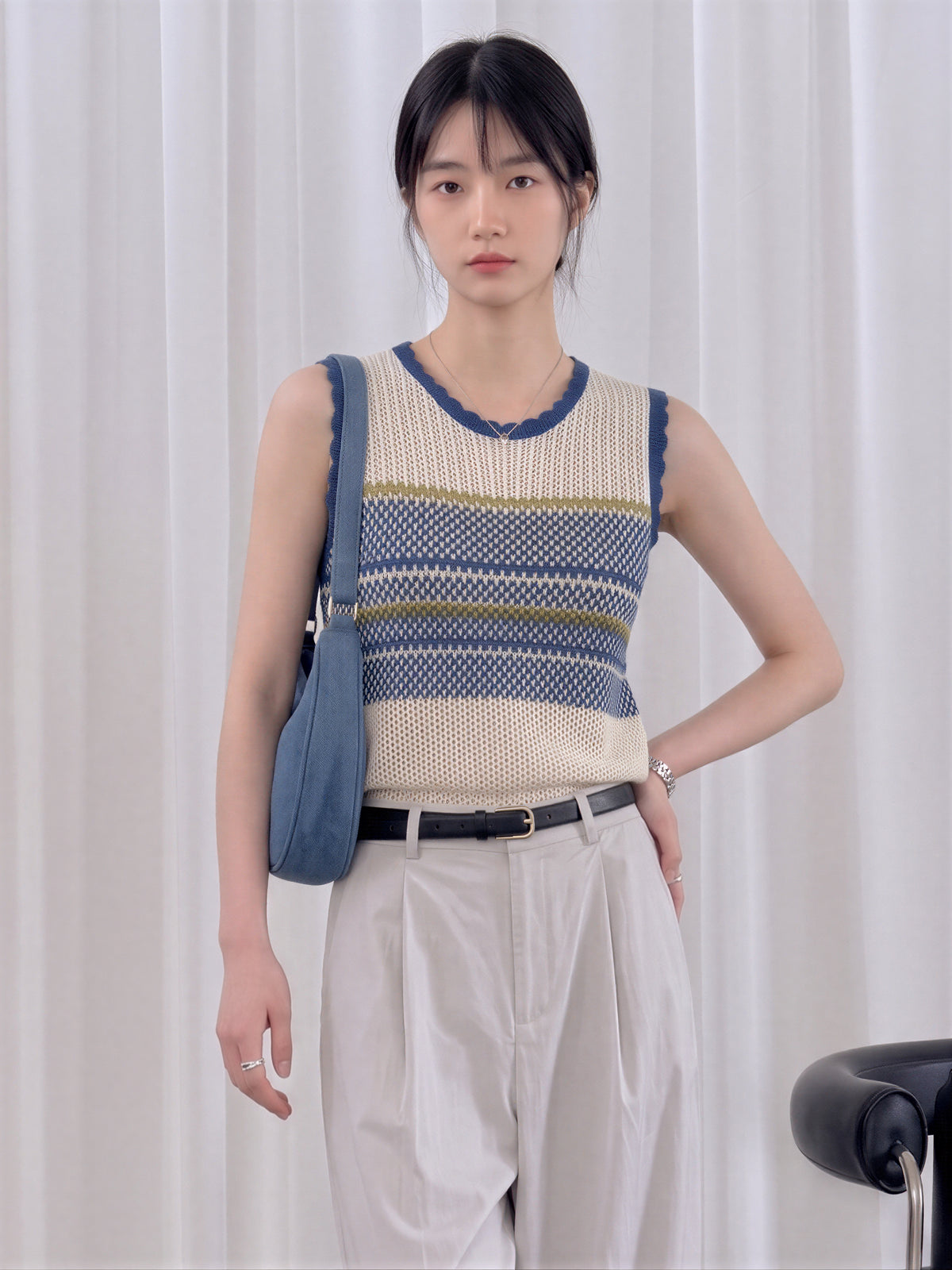 配色ボーダー 透かし編みニットベスト