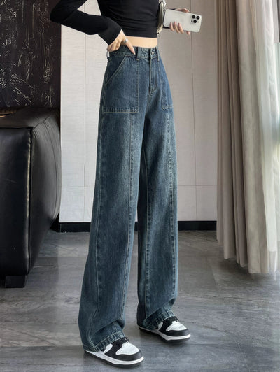 ハイウエスト ストレート ワイドデニムパンツ-ダークブルー-2XL
