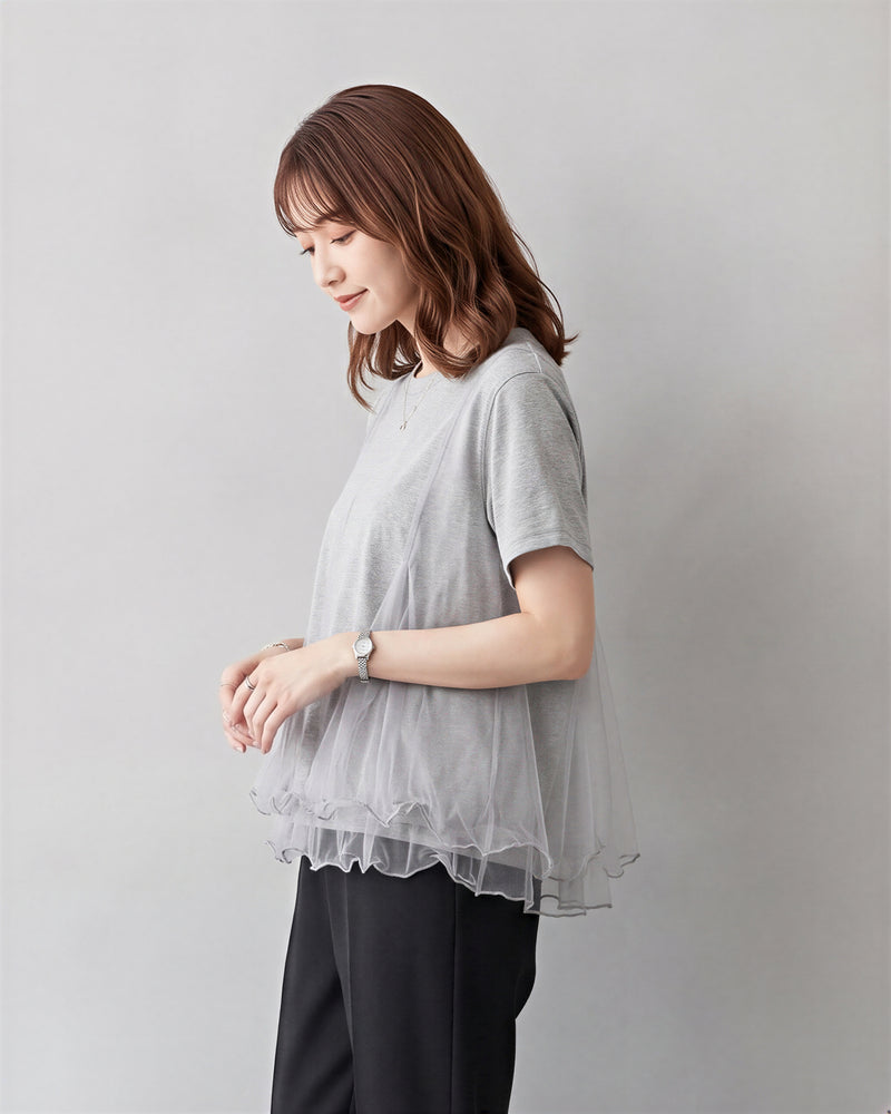 ゆったりラウンドネック チュール切り替えTシャツ
