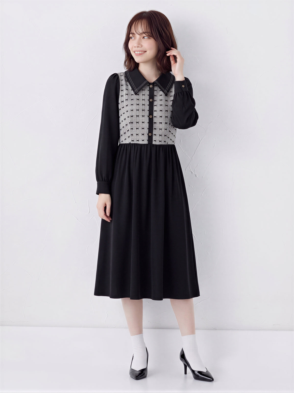 【秋新作】S~XL 切り替えビッグカラー ウエストマーク シャツワンピース