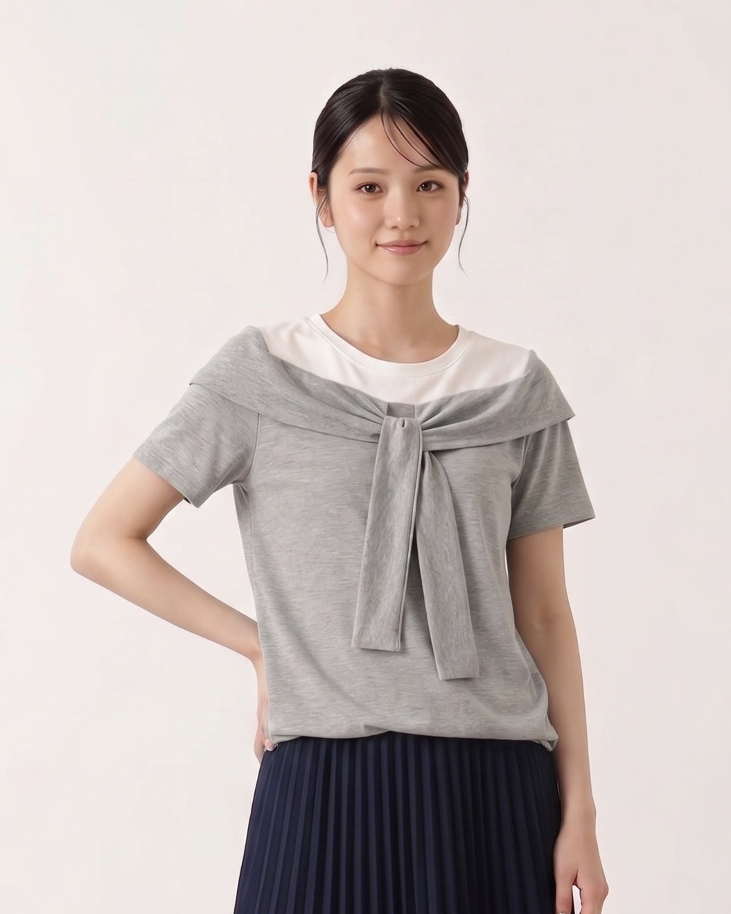 ドッキングVネック リボン付き フェイクレイヤード半袖Tシャツ