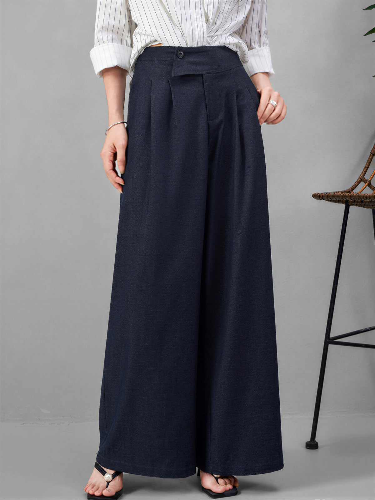 S~XL ハイウエスト ドレープ感 アシンメトリー ワイドパンツ