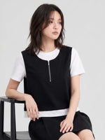 配色切り替えファスナー付きフェイクレイヤード半袖Tシャツ