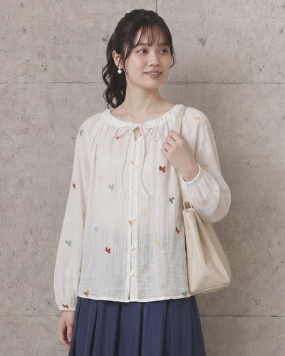 S~XL フリル襟リボン刺繍ブラウス
