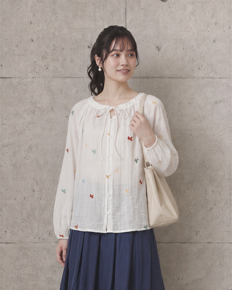 S~XL フリル襟リボン刺繍ブラウス