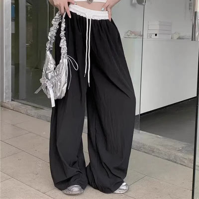 切り替えウエストゴム ドローストリング付き フルレングスワイドパンツ-ブラック-2XL
