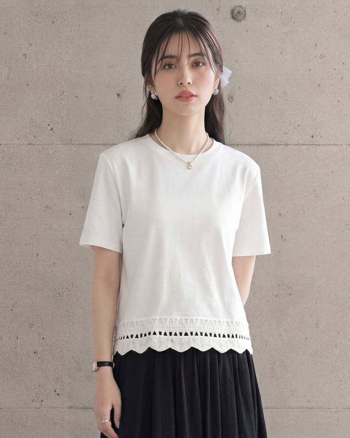 ホワイト クルーネック ストレートシルエット ショート丈 透かしレース 半袖Tシャツ-ホワイト-L