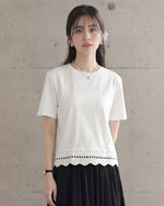 ホワイト クルーネック ストレートシルエット ショート丈 透かしレース 半袖Tシャツ-ホワイト-L