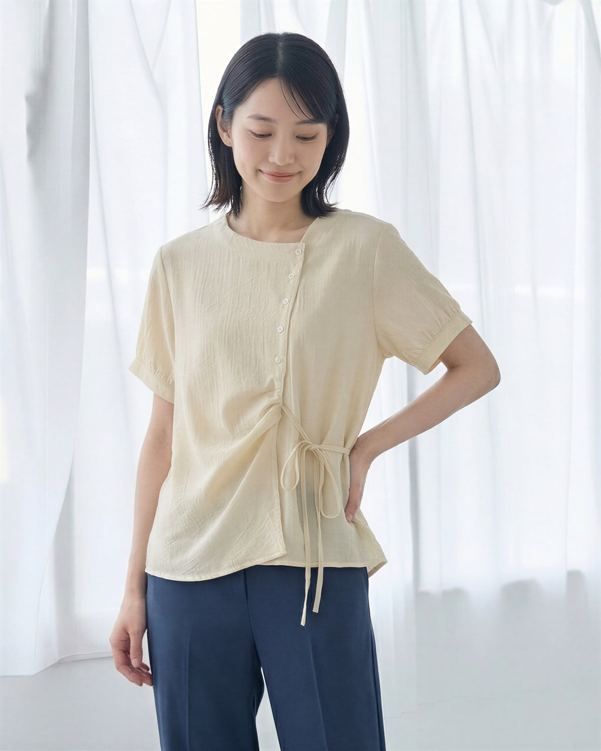アシンメトリー前立て ドロストウエスト 半袖シャツ