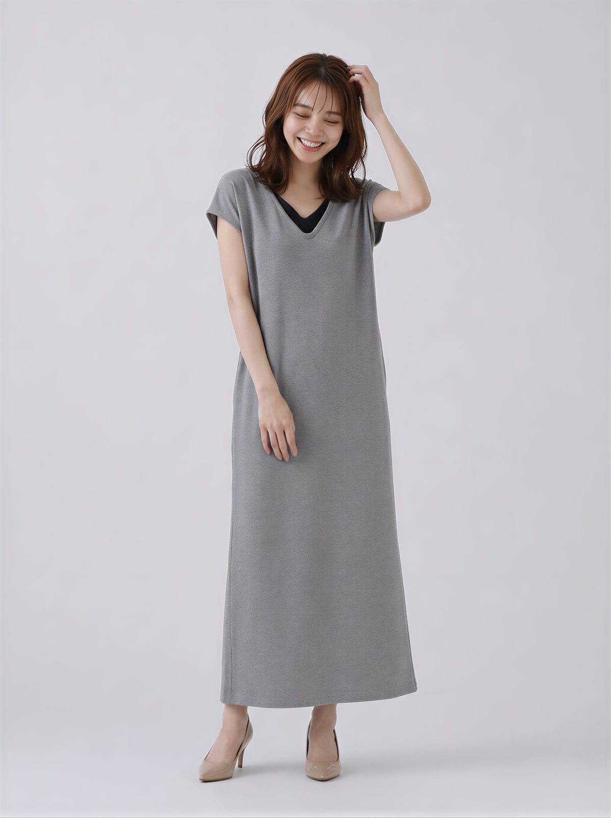 【全2色】M~2XL レイヤードVネック ストレート ロングワンピース