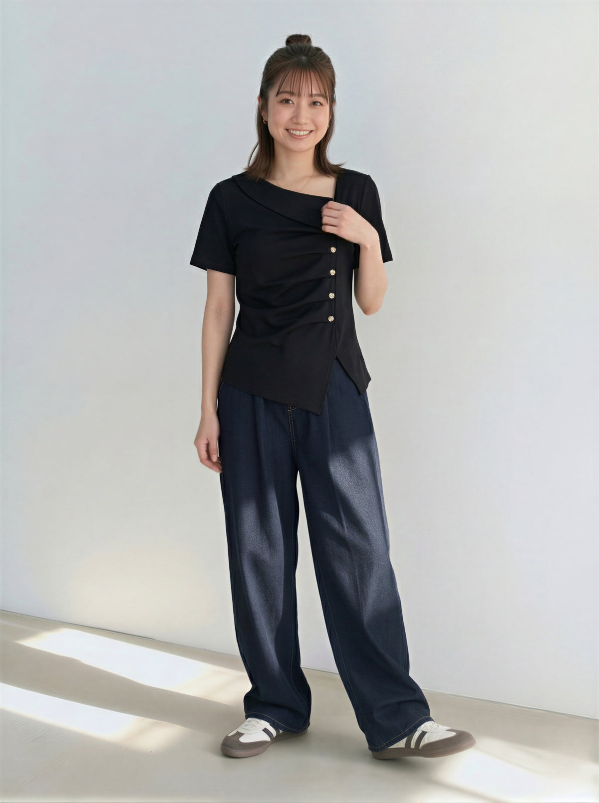 斜め前立てタック入り アシンメトリーヘム 半袖Tシャツ