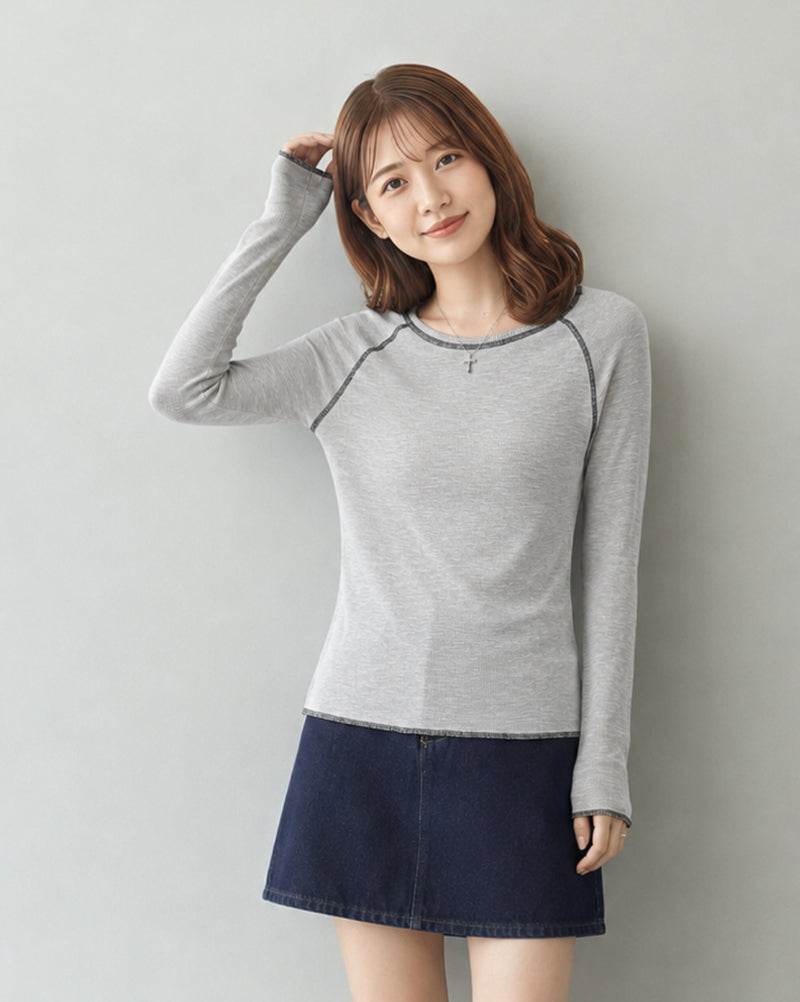 【秋新作】S~XLスリム配色トリム ラグランTシャツ