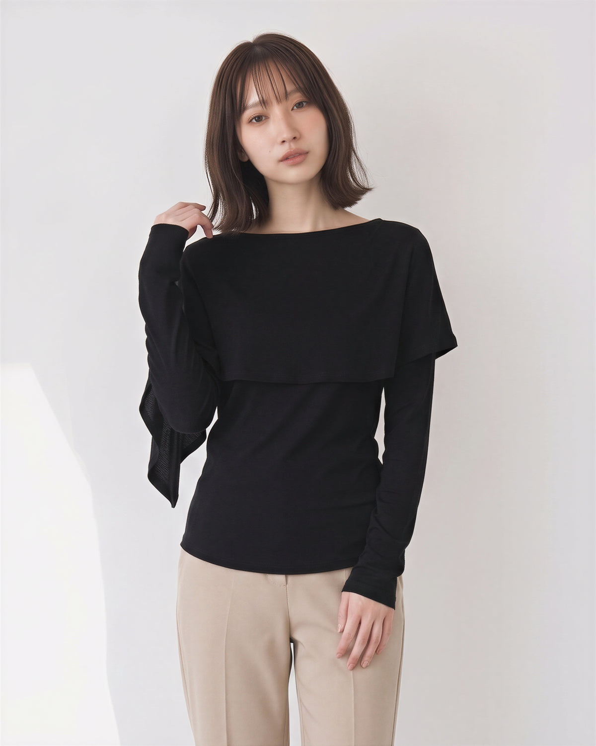 ショールレイヤード スリムフィット長袖Tシャツ-ブラック-FREE