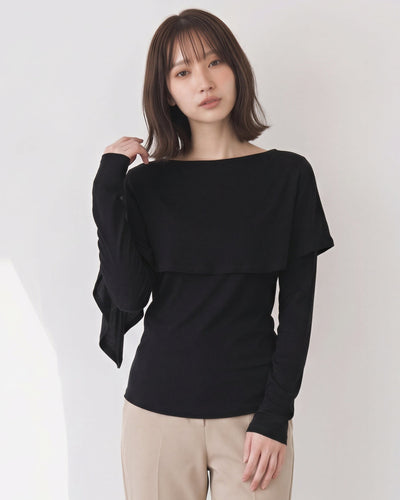 ショールレイヤード スリムフィット長袖Tシャツ-ブラック-FREE