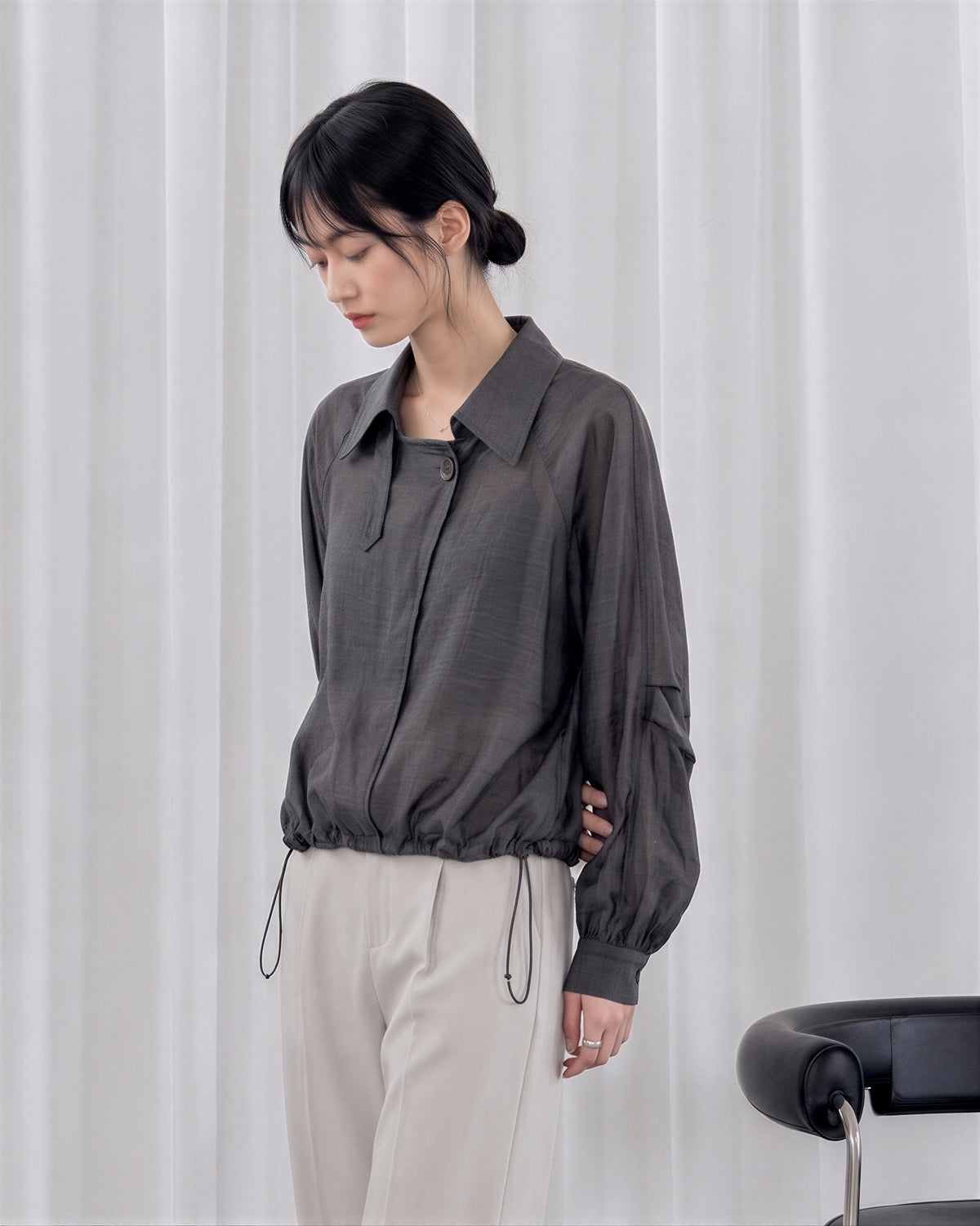 L~3XL ドローストリングウエスト アシンメトリー前立てシャツ
