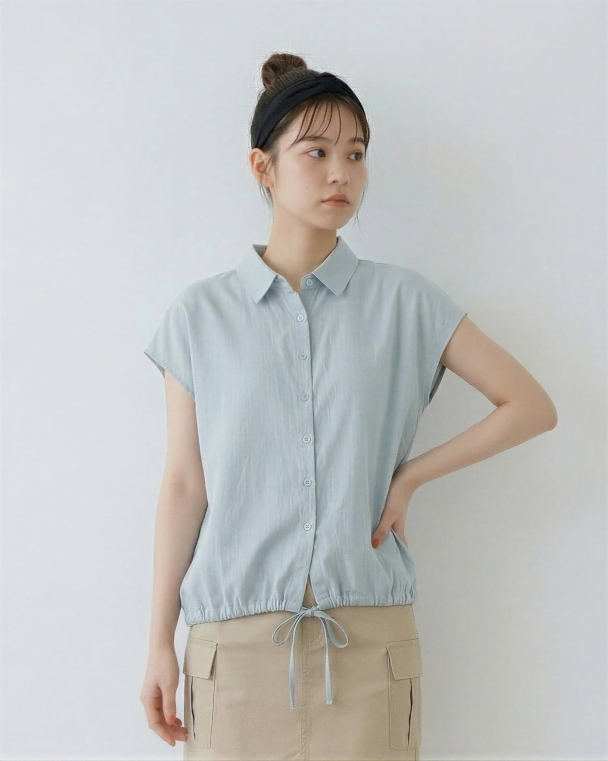 ドローストリングウエスト バットウィングスリーブ 半袖シャツ-サックス-2XL