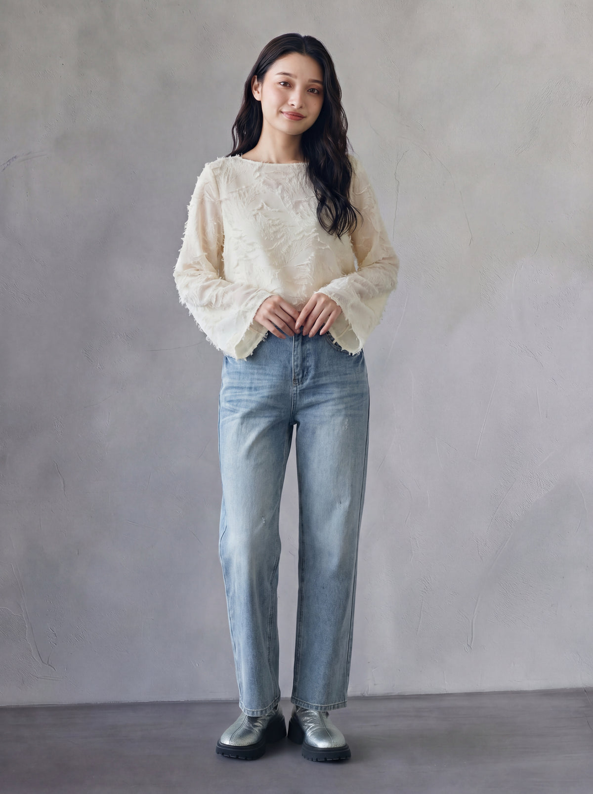 立体ジャカード 透け感ワイドスリーブ シフォンシャツ