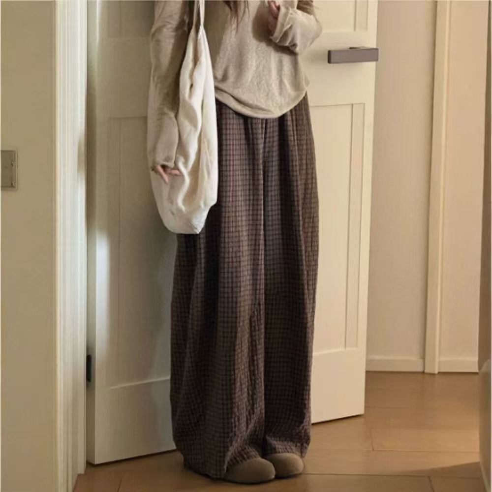 【秋新作】【全4色】S~XL ゆったりワイドシルエットのチェック柄スウェットパンツ
