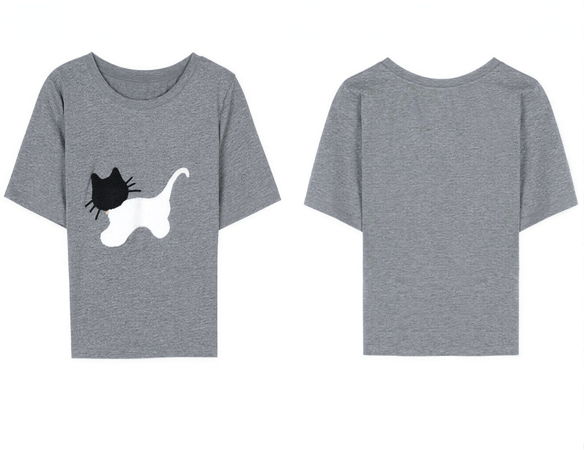 コットン素材、ネコ！子猫刺繍半袖Tシャツデザイン感ゆったりトップス
