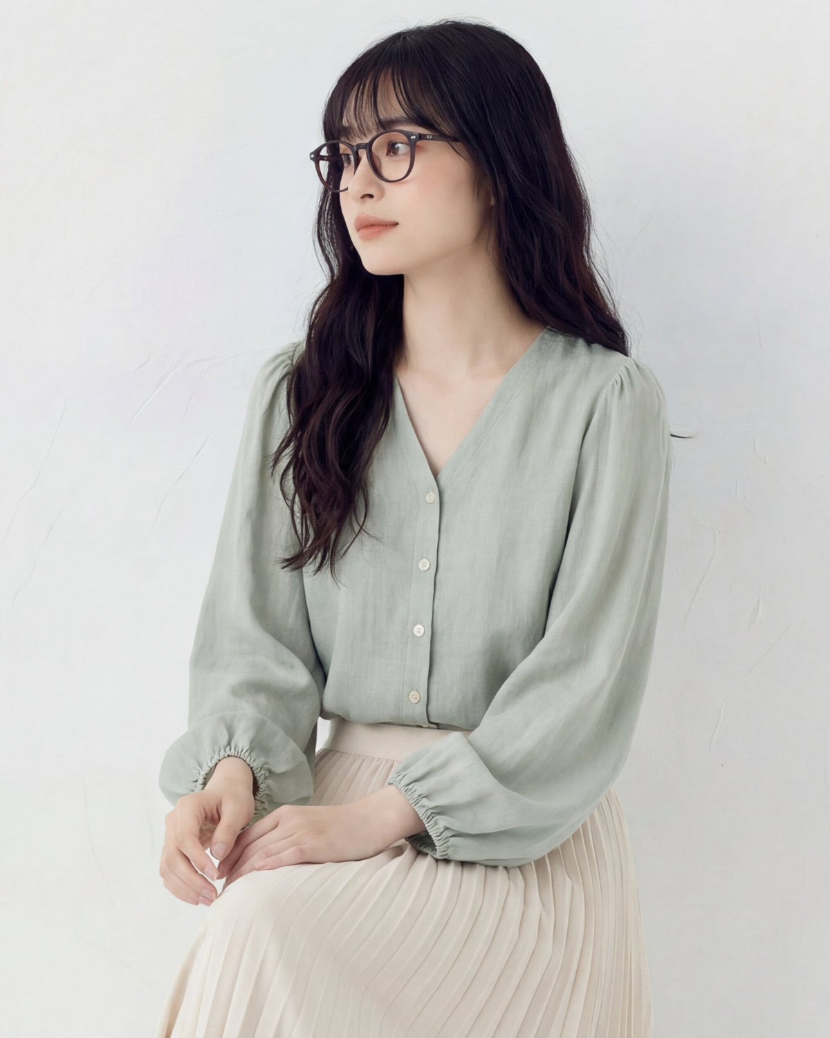 Vネック 前立てボタン パフスリーブ 長袖シャツ-ミント-3XL