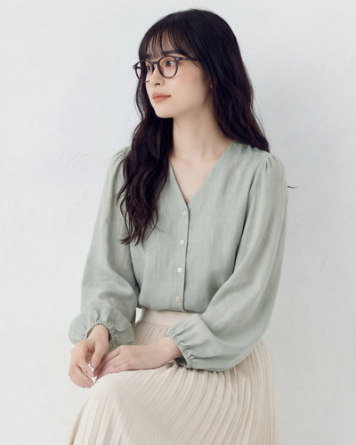 Vネック 前立てボタン パフスリーブ 長袖シャツ-ミント-3XL