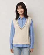S~XL ビーズ付きVネックフェザリータッチニットベスト