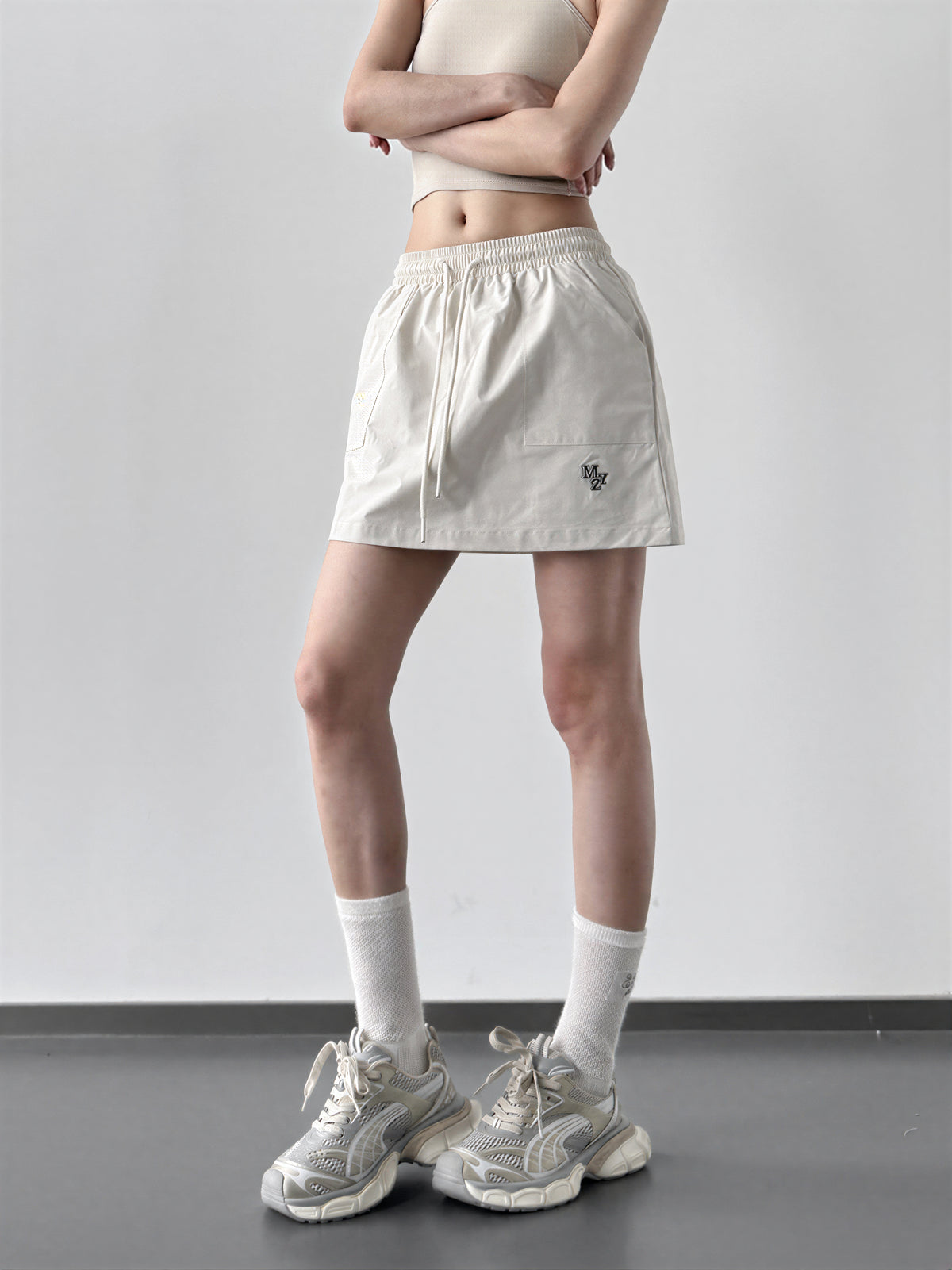 S-XL ウエストゴム ドローストリング Aラインミニスカート