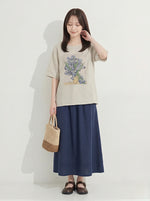 グレー クルーネック フラワープリント ゆったり 半袖Tシャツ