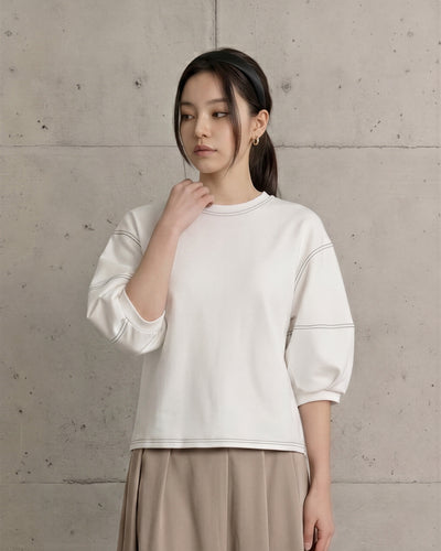 配色ステッチ パフスリーブスウェット-ホワイト-XL