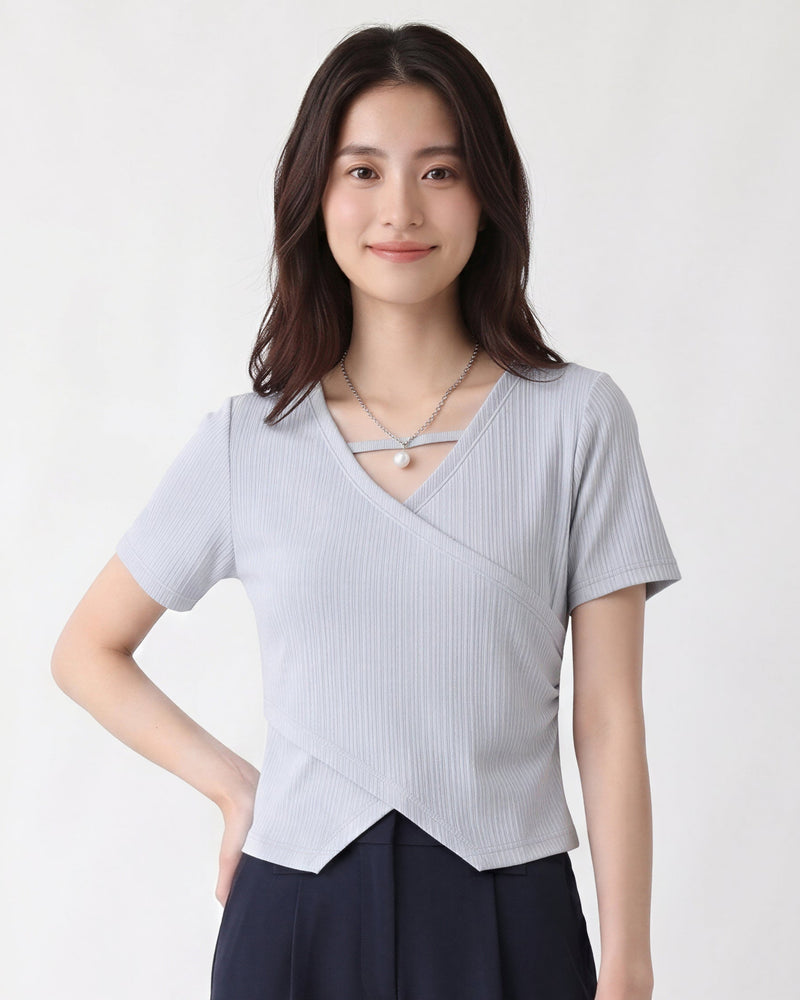 ライトブルー クロスVネック リボンTシャツ-サックス-L