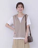 M~3XL フード付きVネック スリット入りフェイクレイヤードTシャツ