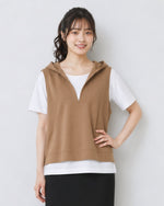 フード付きVネック スリット入りフェイクレイヤードTシャツ-モカ-3XL
