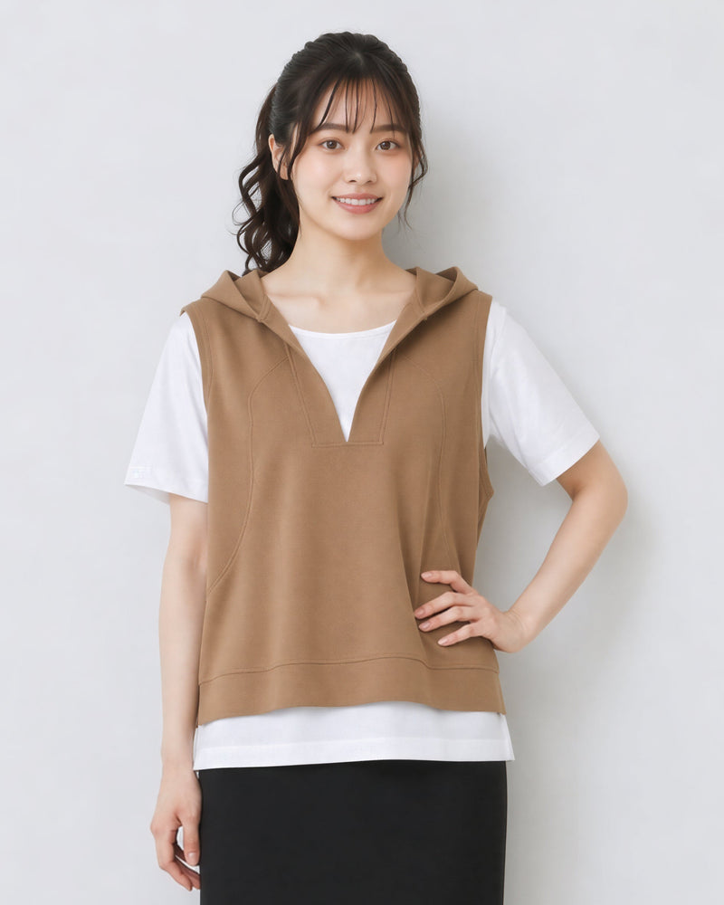 フード付きVネック スリット入りフェイクレイヤードTシャツ-モカ-3XL