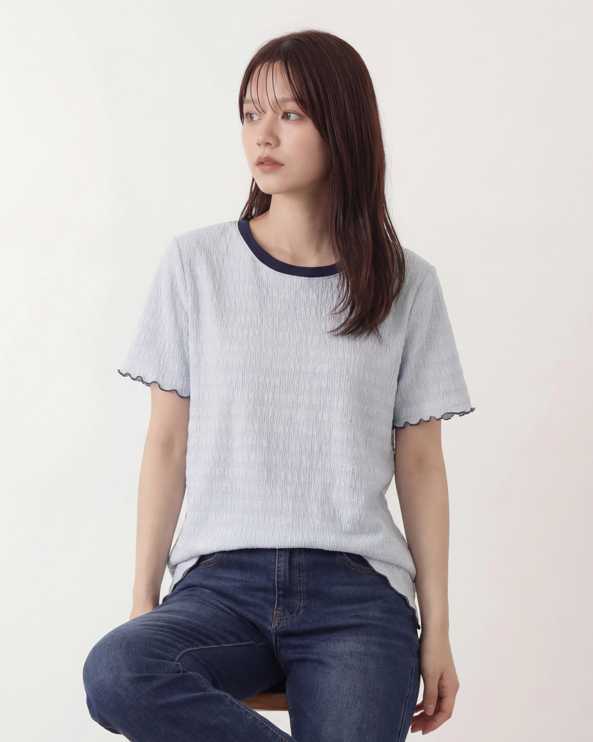 ライトブルー 配色ラウンドネック 波柄テクスチャーTシャツ