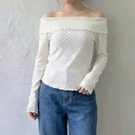 オフショル風 フリルネック 小ドット柄 フィットTシャツ