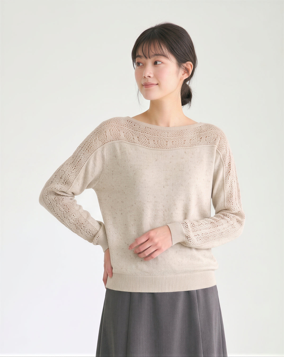 【秋新作】透かし編み切り替えルーズニット