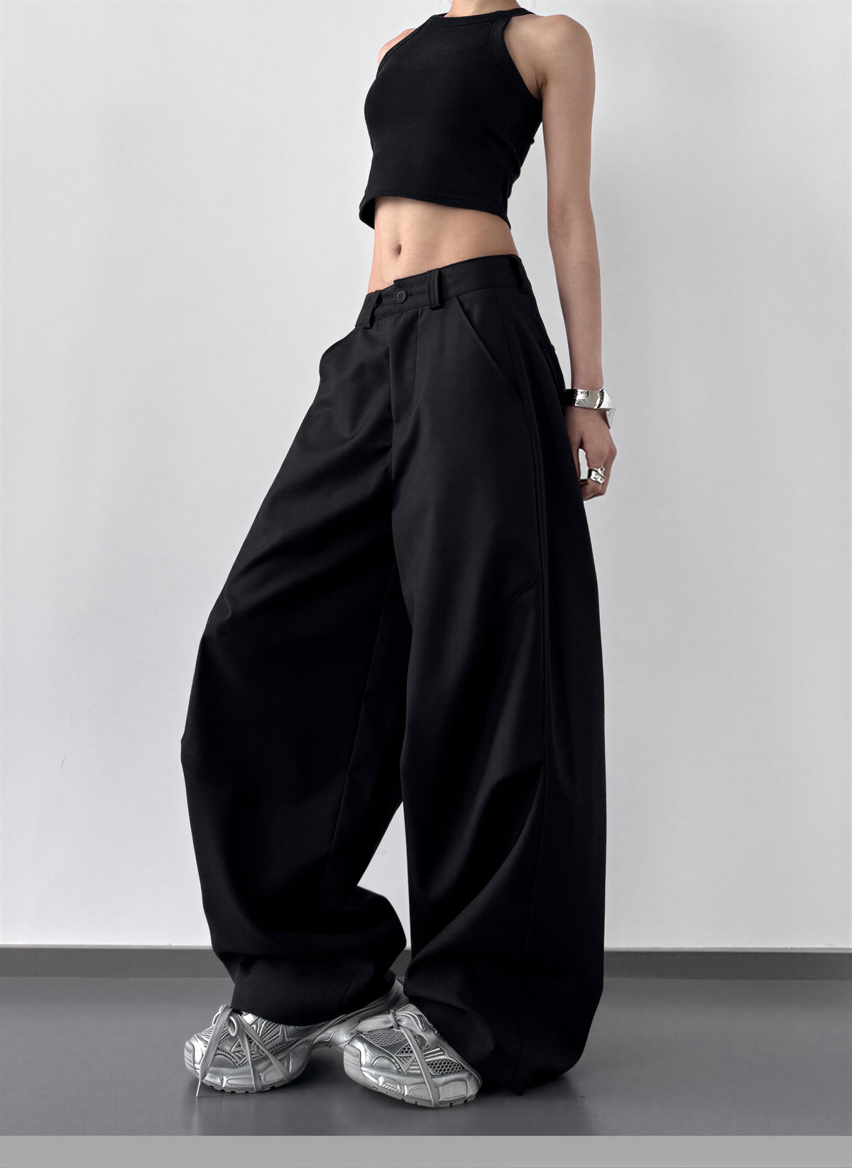 S-XL ローライズ 立体プリーツ ワイドパンツ